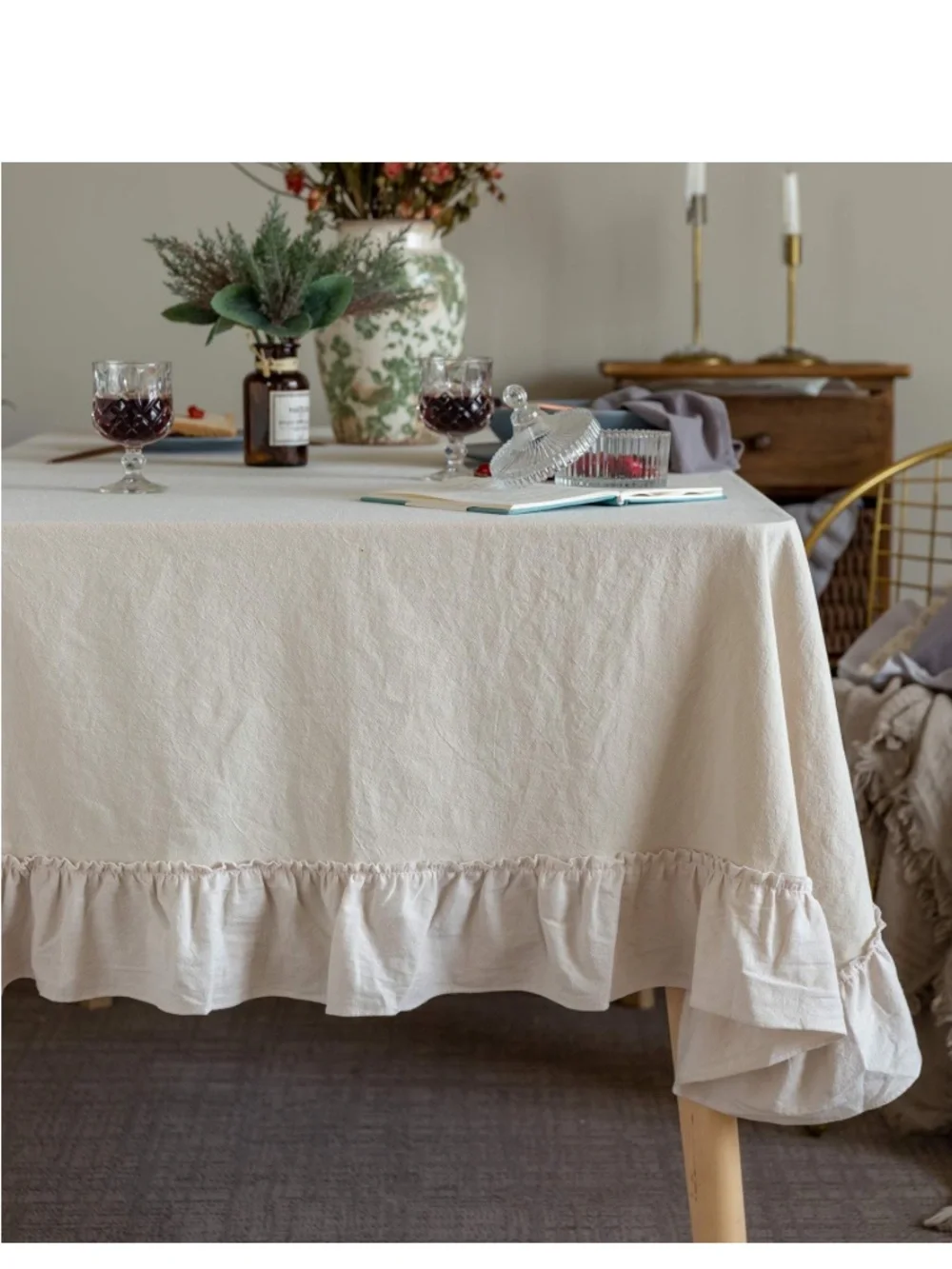 Retro Farmhouse Ruffle Tablecloth 100% Cotton RECTANGULAR 60x84” BEIGE